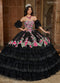 Floral Quinceañera Ball Gown with Embroidery Sleeves & Tiered Ruffle Skirt by Rachel Allan RQ5002