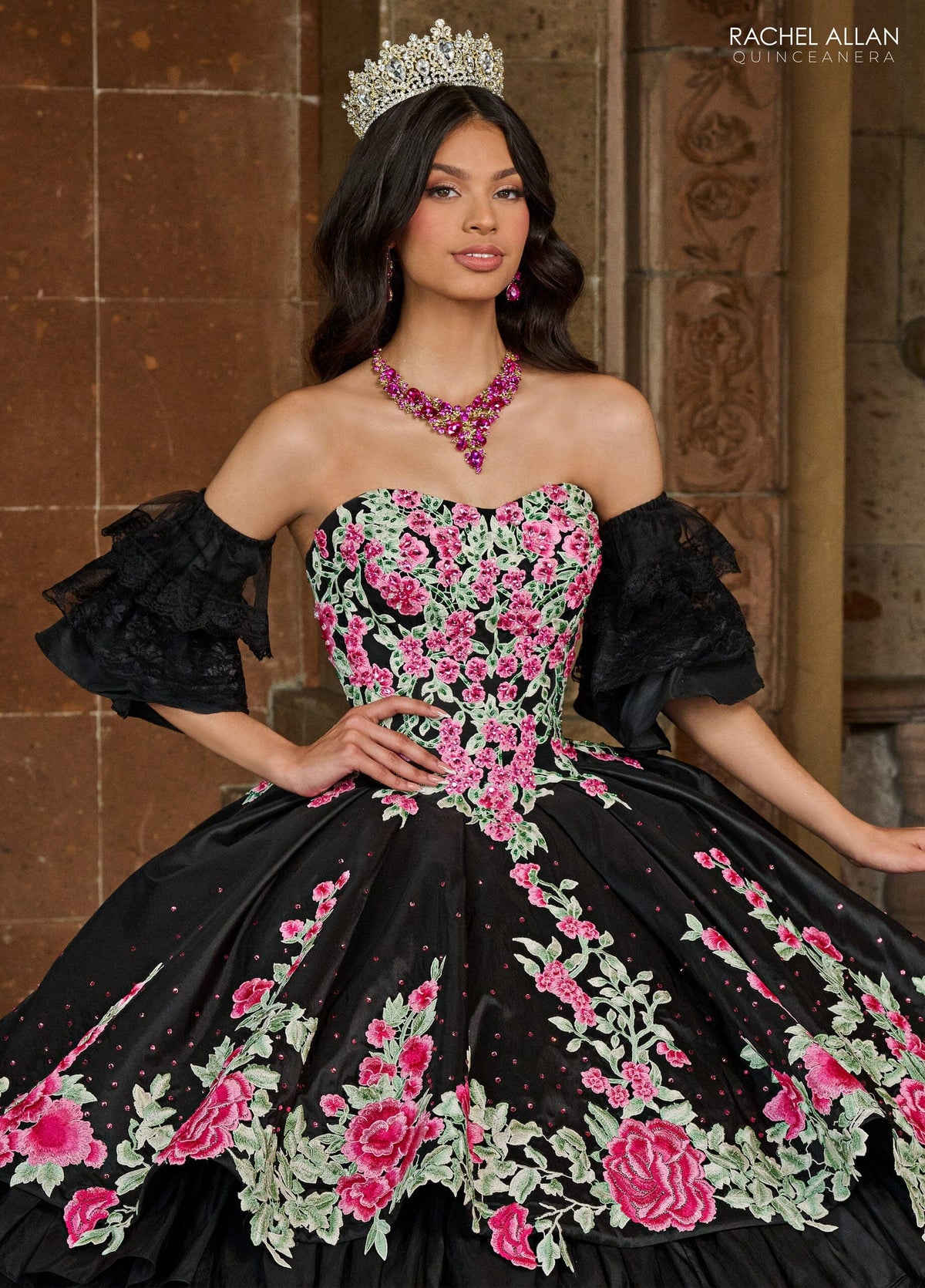 Floral Quinceañera Ball Gown with Embroidery Sleeves & Tiered Ruffle Skirt by Rachel Allan RQ5002