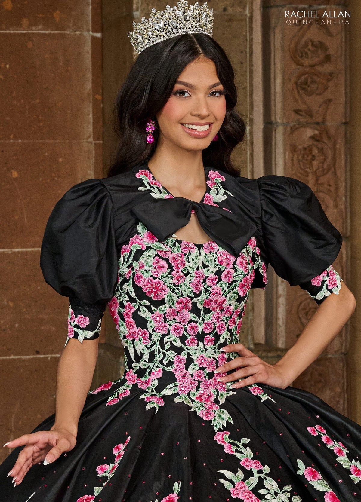 Floral Quinceañera Ball Gown with Embroidery Sleeves & Tiered Ruffle Skirt by Rachel Allan RQ5002