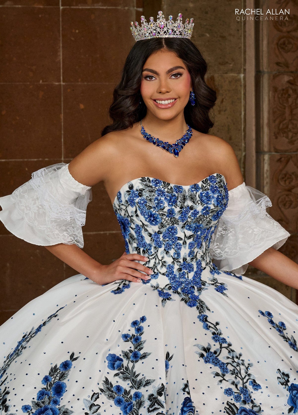 Floral Quinceañera Ball Gown with Embroidery Sleeves & Tiered Ruffle Skirt by Rachel Allan RQ5002