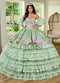 Floral Quinceañera Ball Gown with Embroidery Sleeves & Tiered Ruffle Skirt by Rachel Allan RQ5002