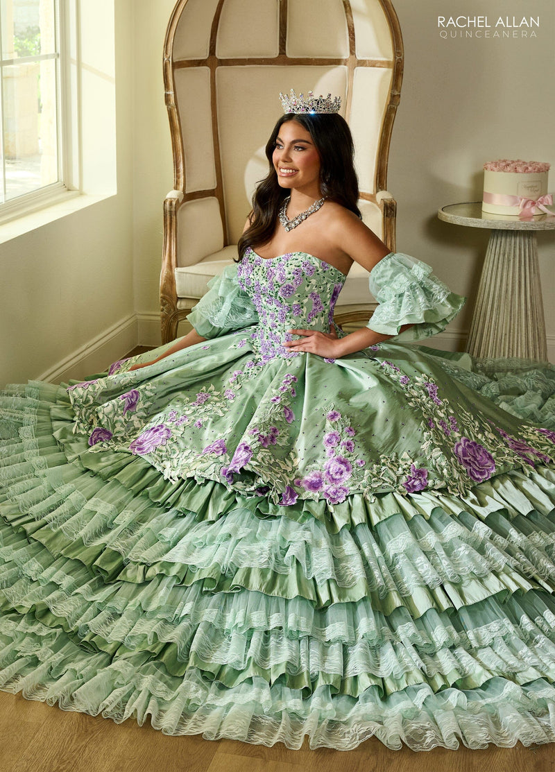 Floral Quinceañera Ball Gown with Embroidery Sleeves & Tiered Ruffle Skirt by Rachel Allan RQ5002