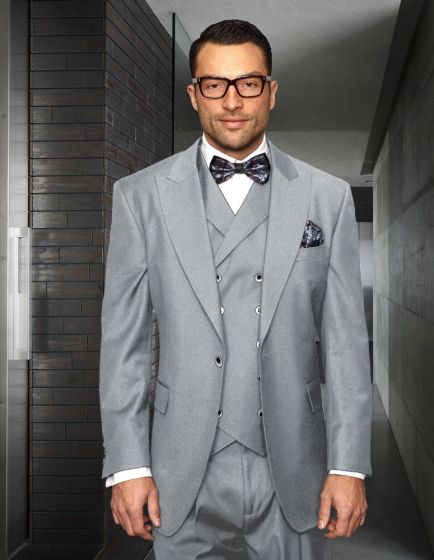 Mens One Button Wool Wide Peak Lapel Vested Pleated Pant Suit in Charcoal Grey – Florance Statement Brand