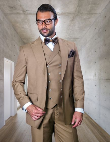 Mens One Button Wool Wide Peak Lapel Vested Pleated Pant Suit in Charcoal Grey – Florance Statement Brand
