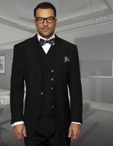 Mens One Button Wool Wide Peak Lapel Vested Pleated Pant Suit in Charcoal Grey – Florance Statement Brand