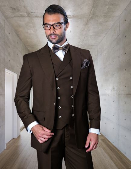 Mens One Button Wool Wide Peak Lapel Vested Pleated Pant Suit in Charcoal Grey – Florance Statement Brand