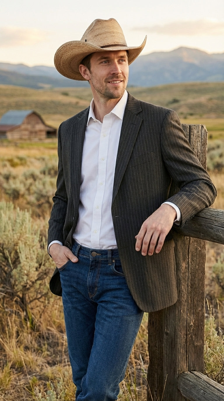 Mens Black Pinstripe Western Blazer – Classic Cowboy Style Jacket for Business, Formal and Smart Casual Wear