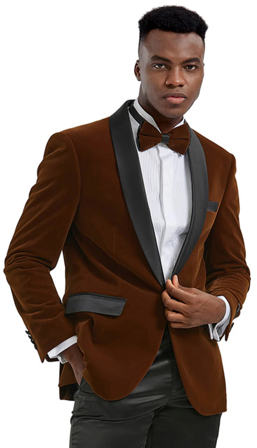 Mens Brown Velvet Tuxedo Jacket – Luxury Black Lapel Velvet Blazer for Wedding, Prom and Formal Events
