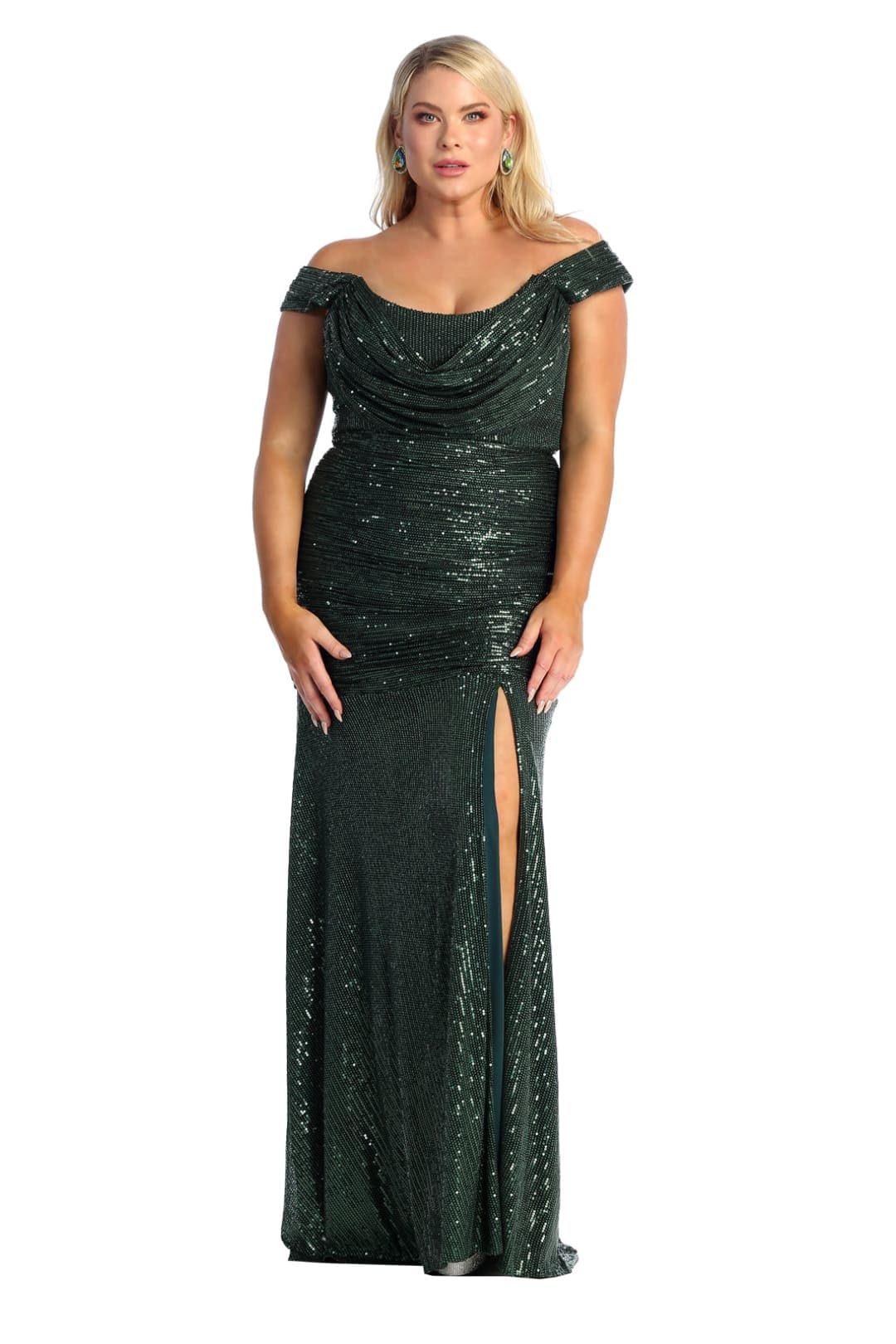 Sequin Cowl Neck Formal Prom Gown with Slit By Royal Queen RQ7950
