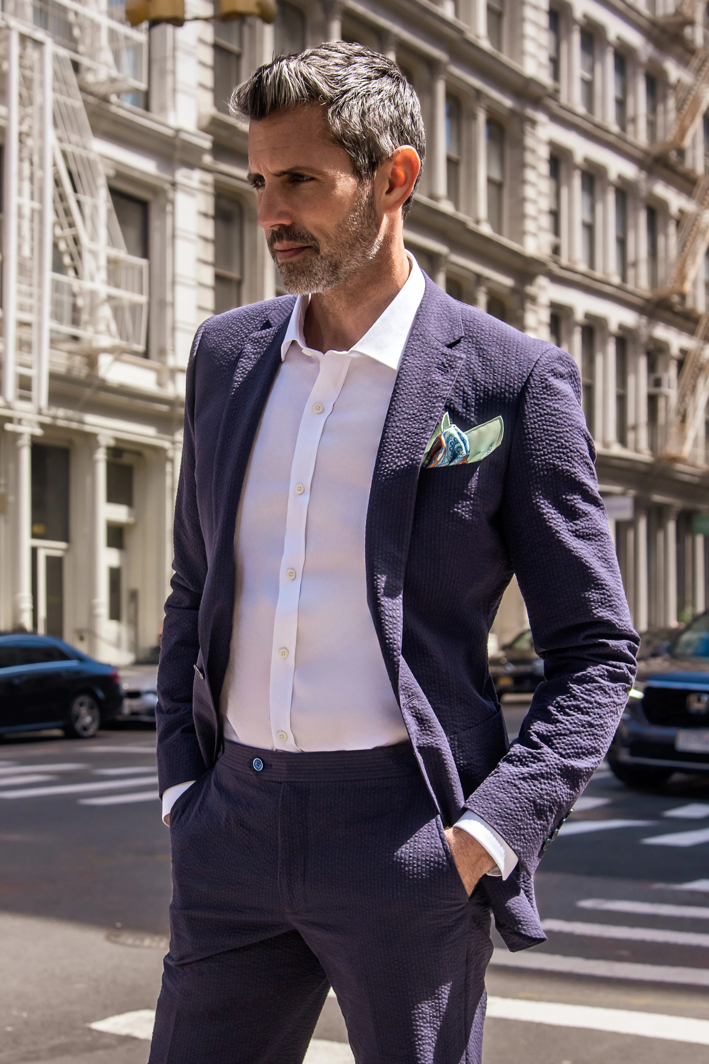 Mens Navy Blue Seersucker Suit – Cotton Fabric Shadow Pattern Ton on Tone Textured Two Button Notch Lapel Formal Summer Suit