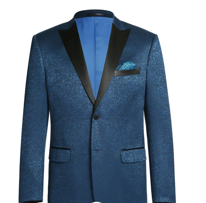 Mens Teal Blue Jacquard Paisley Blazer – Black Peak Lapel Formal Dinner Jacket Slim Fit
