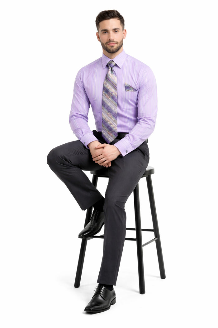 Lavender Men's French Cuff Dress Shirt Set with Tonal Stripe, Tie & Hanky