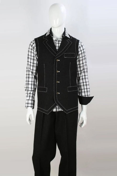 "Black Double Breasted Denim Vest and Pant Set for Men"