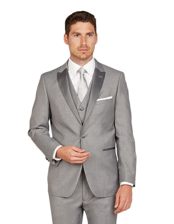 Grey Prom Suit - Gray Wedding Suit - Gray Tuxedo Mens Vested One Button Peak Lapel Tuxedo in Light Grey