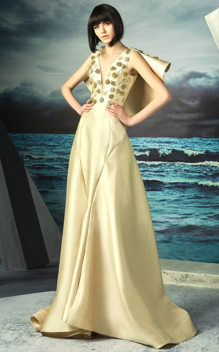 Gaby Charbachy G0825 Gold Beaded 3D Applique Evening Gown by MNM Couture