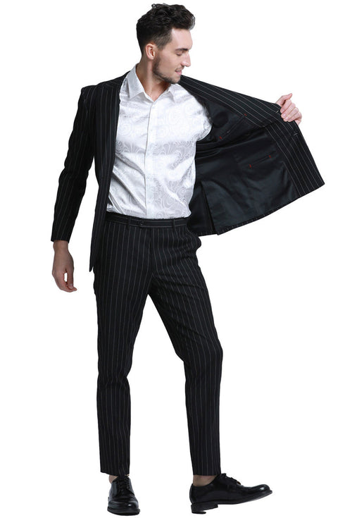 "Men's Slim Fit Pinstripe Suit - Double Breasted Black Gangster Style"