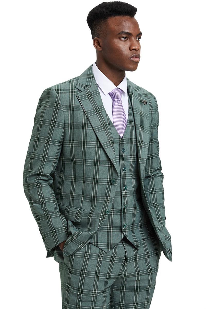 Stacy Adams men's suit: Light olive green with a glen plaid check. Two-button jacket, vested design, and matching trousers. Smooth fabric, structured lapels, three jacket pockets.
