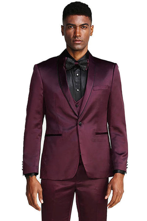 "Burgundy Men's Slim Fit Vested Satin Tuxedo Suit for Prom 2026 & Wedding"