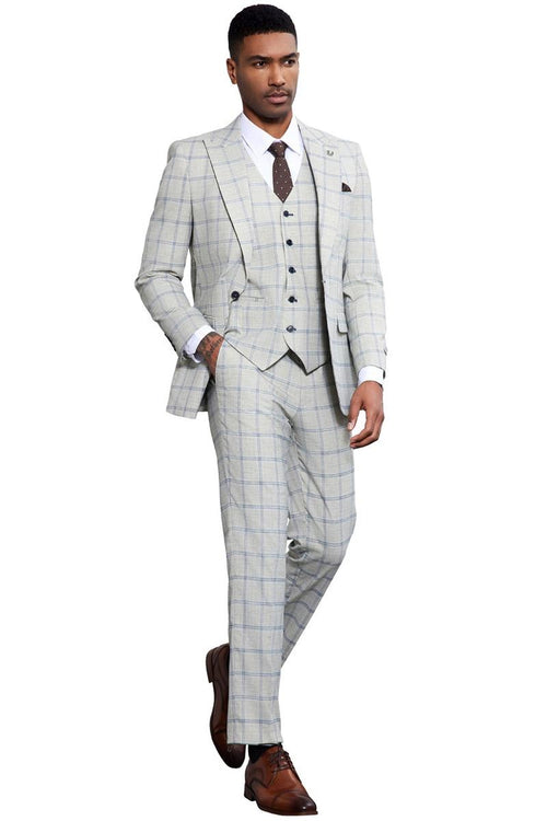Stacy Adams men's grey-blue windowpane plaid suit. Three-piece set: jacket (peak lapel, single button), matching vest, and tailored trousers. Lightweight fabric, subtle blue plaid. Straight leg fit.
