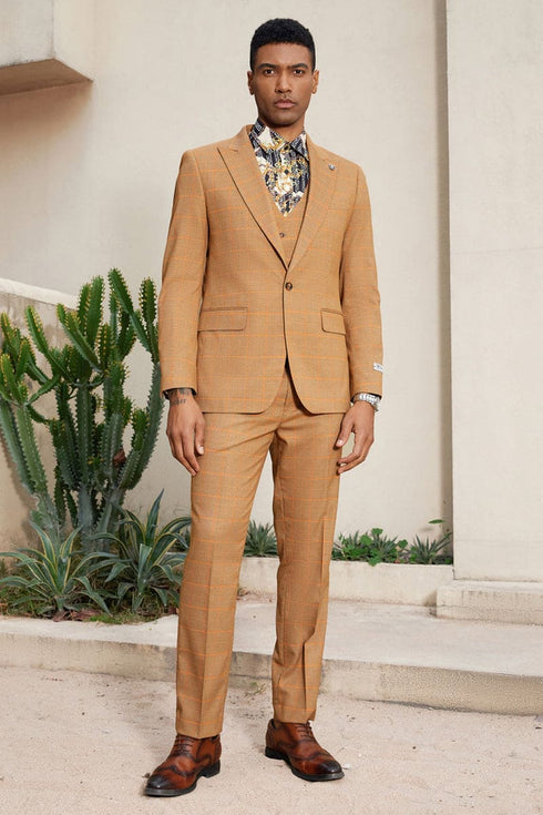 "Mens Stacy Adams Suit - Stacy Adams Men's Windowpane Plaid Suit with Reversible Vest - Orange Rust"