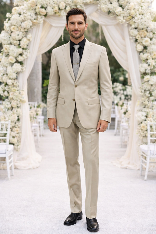 Albertonardoni's "Galante Uomo" beige suit: fitted, two-button, single-breasted jacket with notched lapels and pockets. Flat-front trousers. Smooth fabric with subtle pattern. Styled with black shirt & patterned tie.
