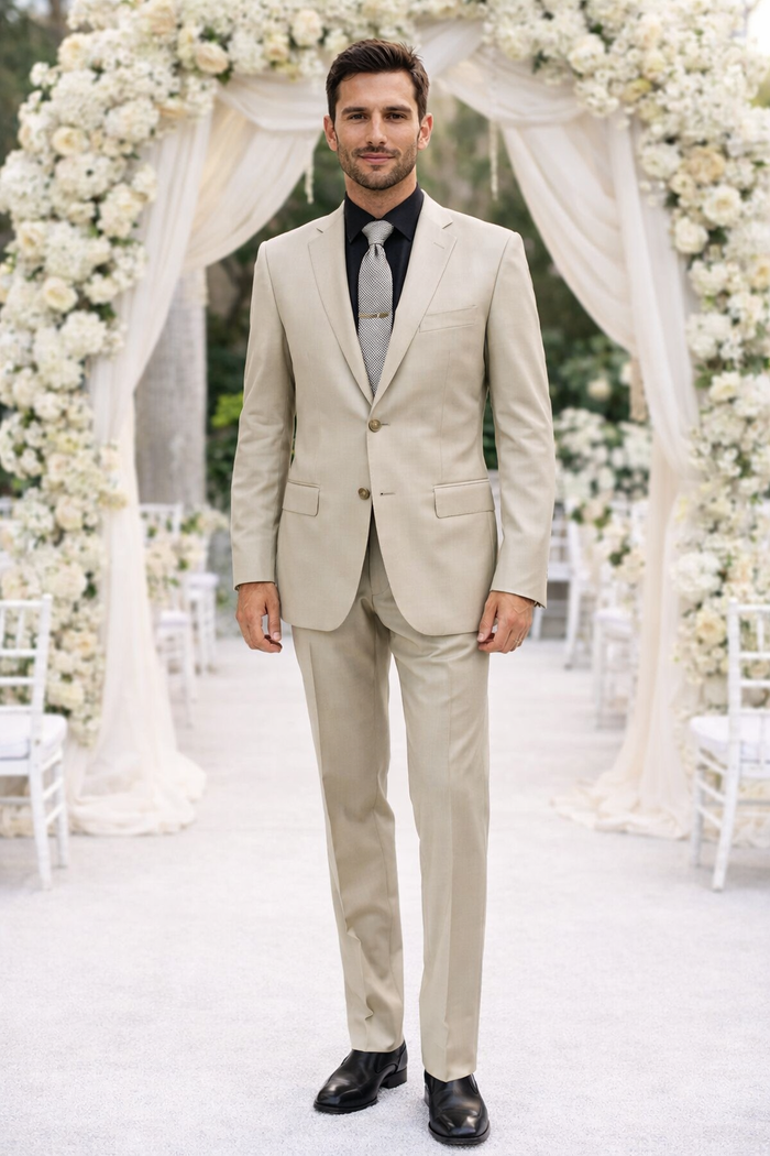 Albertonardoni's "Galante Uomo" beige suit: fitted, two-button, single-breasted jacket with notched lapels and pockets. Flat-front trousers. Smooth fabric with subtle pattern. Styled with black shirt & patterned tie.
