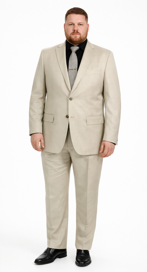 Albertonardoni Italian suit. Tailored beige suit with single-breasted blazer (2-button, 2 pockets) & straight-leg trousers. Smooth fabric. Paired with black shirt & patterned tie.