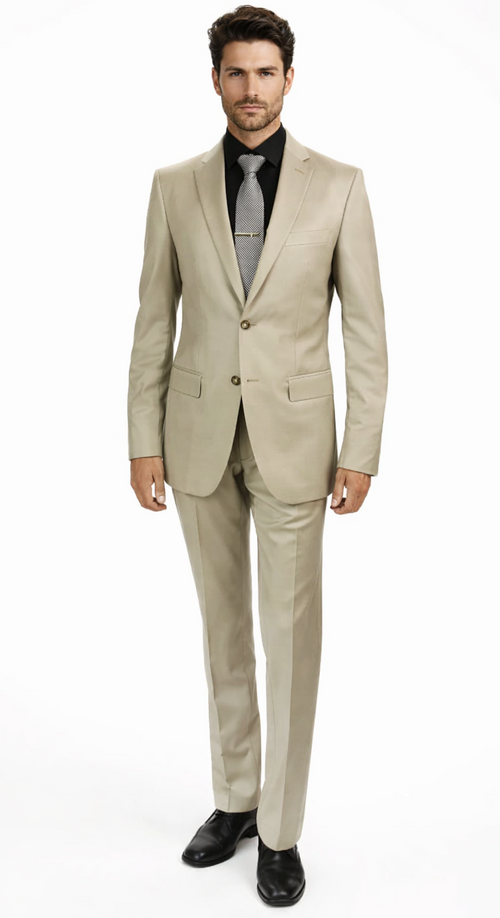 Albertonardoni's beige suit: tailored, single-breasted blazer, matching trousers. Lightweight fabric, smooth finish. Worn with a black shirt, patterned gray tie, and black shoes.

