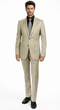 Albertonardoni's beige suit: tailored, single-breasted blazer, matching trousers. Lightweight fabric, smooth finish. Worn with a black shirt, patterned gray tie, and black shoes.
