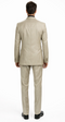 Italian-made Albertonardoni beige suit. Tailored fit with subtle check pattern. Structured blazer (single vent, 4-button cuffs) and straight-leg trousers. Worn with black leather shoes for a streamlined look.