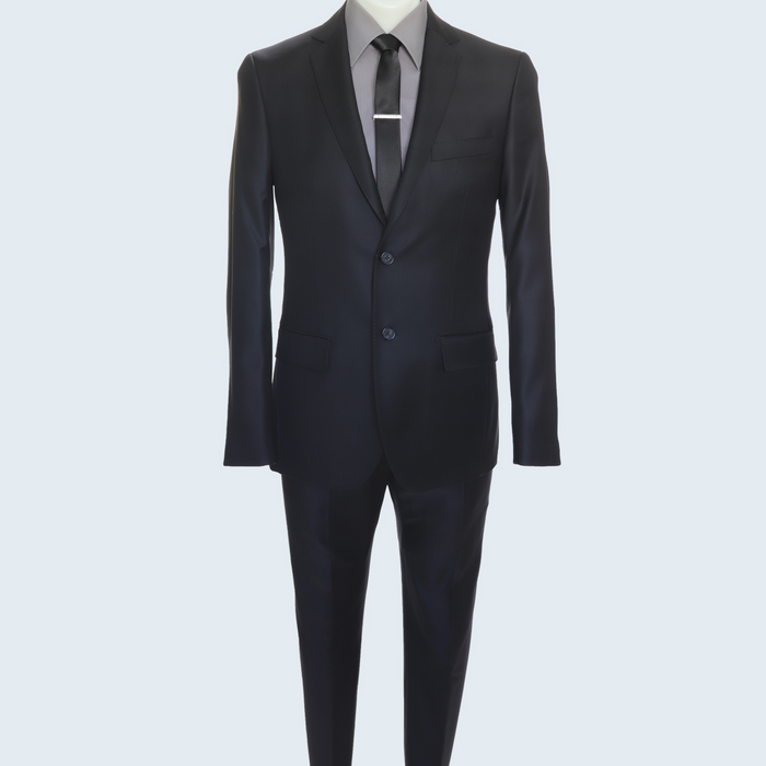 Italian-made Galante Uomo black wool suit. Tailored jacket: notch lapel, two buttons, breast pocket. Matching trousers complete the elegant ensemble.
