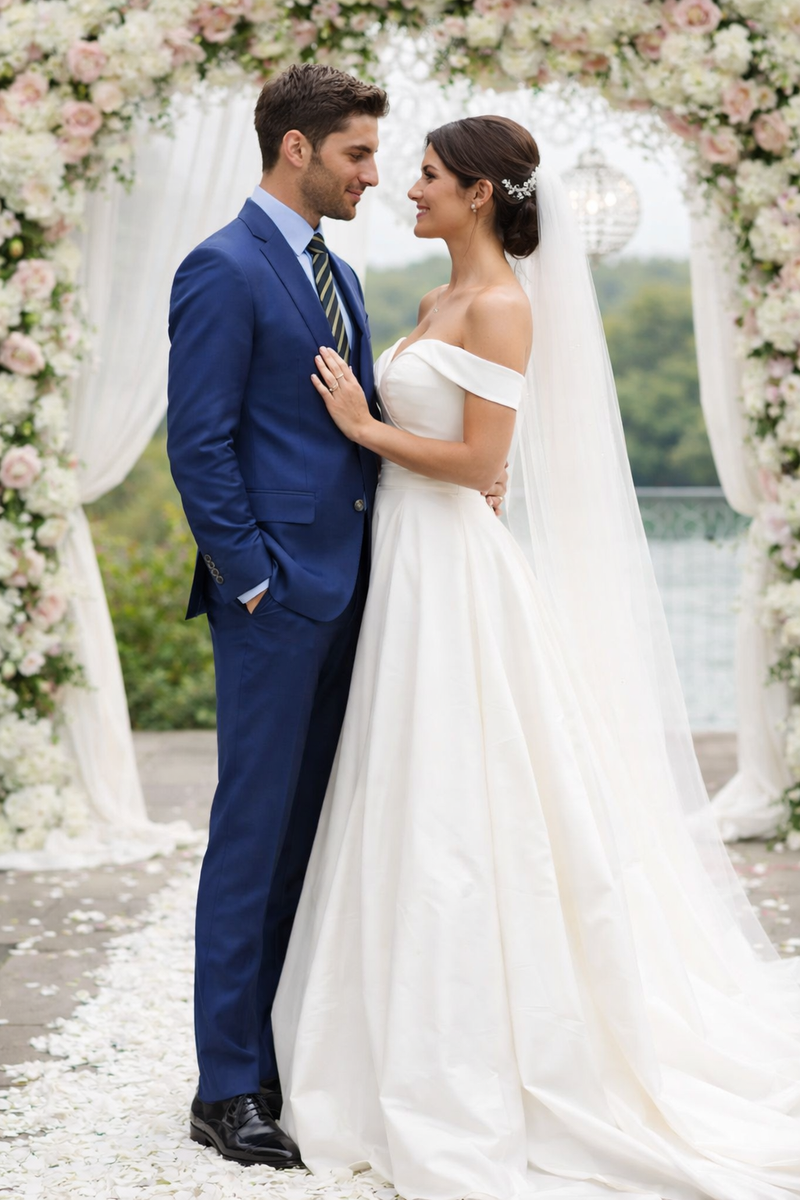 Albertonardoni Italian blue suit: tailored fit, structured silhouette. Single-breasted blazer with notch lapels, straight-leg trousers. Enhanced by a light blue, striped shirt for contrast.
