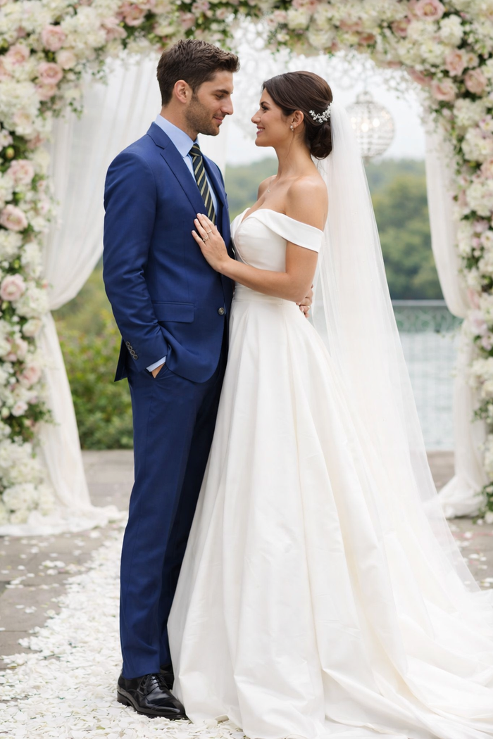 Albertonardoni Italian blue suit: tailored fit, structured silhouette. Single-breasted blazer with notch lapels, straight-leg trousers. Enhanced by a light blue, striped shirt for contrast.
