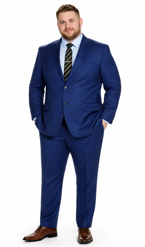 Albertonardoni's "Galante Uomo" blue suit: single-breasted jacket, flat-front trousers. Smooth, bright blue fabric. Features a notch lapel, two front pockets, and a straight-cut trouser silhouette. Paired with light blue shirt & striped tie.
