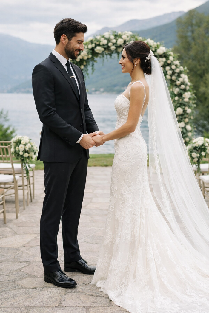 Italian-made Albertonardoni black wool suit. Tailored fit, single-breasted jacket with peak lapels, straight-leg trousers. Smooth wool fabric. Formal and cohesive.
