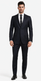 Albertonardoni black wool suit: slim fit, single-breasted jacket with notch lapels, straight-leg trousers. Paired with white shirt, black tie & silver clip, black dress shoes.

