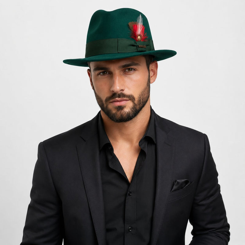 Gangster 100% Australian Wool Crushable Mens Fedora Hat - Removable Feather Gangster  Hunter Green Mens Fedora Hat