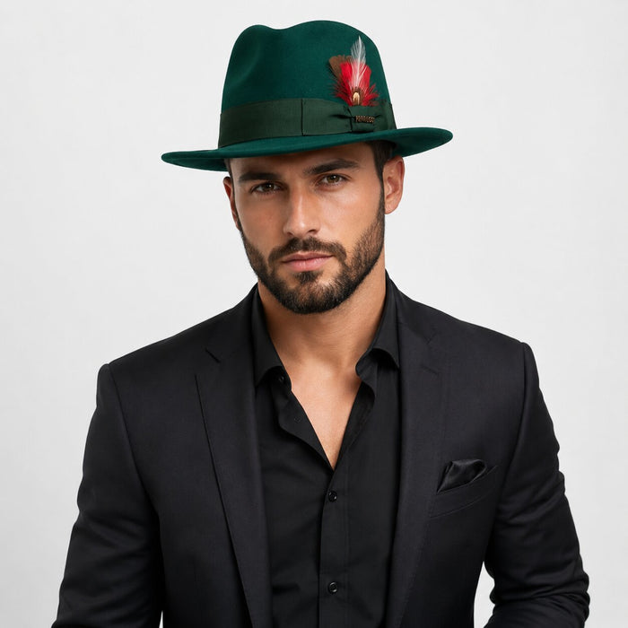 Gangster 100% Australian Wool Crushable Mens Fedora Hat - Removable Feather Gangster  Hunter Green Mens Fedora Hat