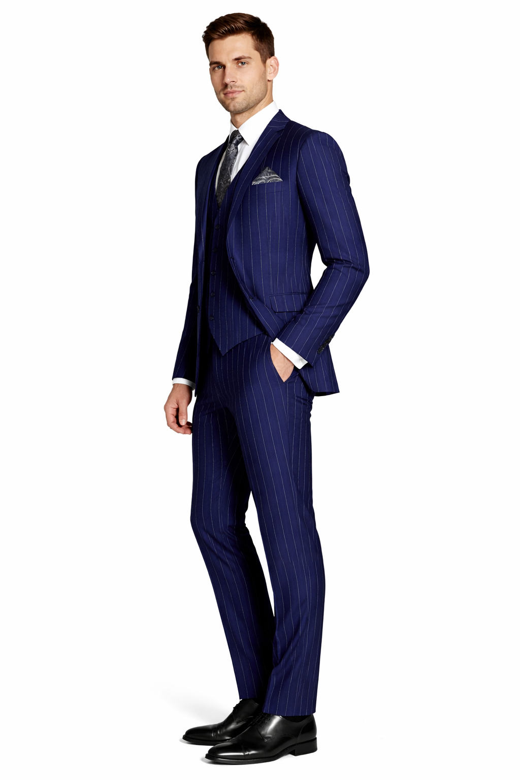 Gangster Suit - Mobster Suit - Mafia Suit For Mens 2 Button Gangster Pinstripe Dark Navy Suit