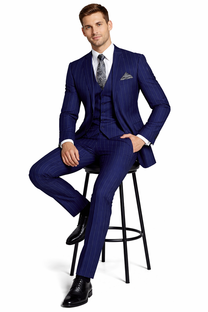 Gangster Suit - Mobster Suit - Mafia Suit For Mens 2 Button Gangster Pinstripe Dark Navy Suit