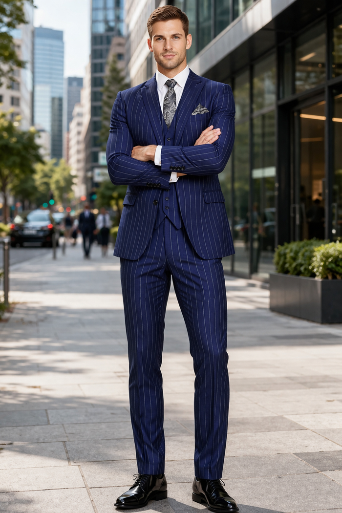 Gangster Suit - Mobster Suit - Mafia Suit For Mens 2 Button Gangster Pinstripe Dark Navy Suit
