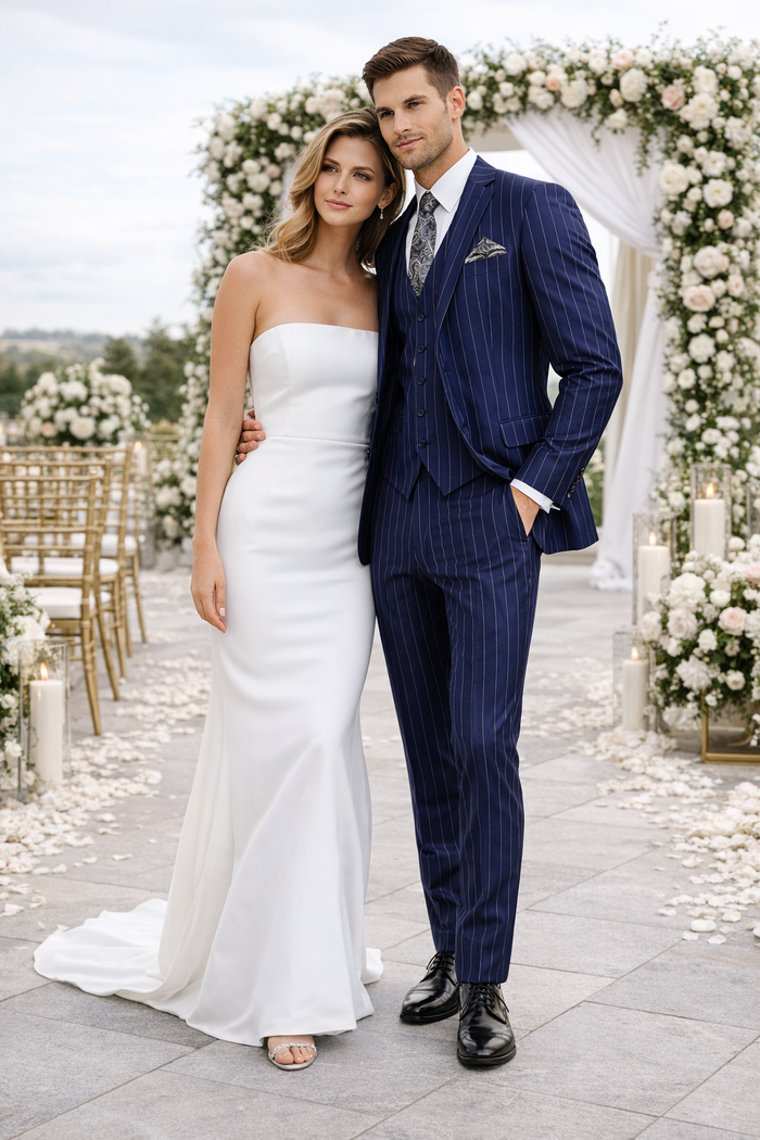 Gangster Suit - Mobster Suit - Mafia Suit For Mens 2 Button Gangster Pinstripe Dark Navy Suit