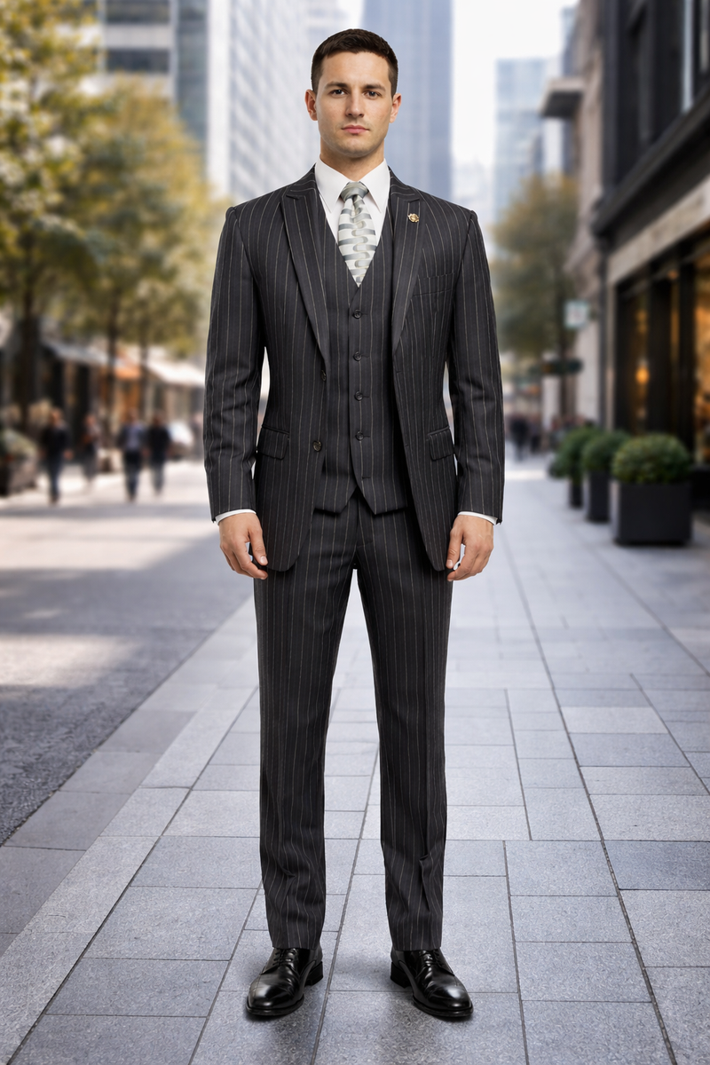 Gangster Suit - Mobster Suit - Mafia Suit For Mens 2 Button Gangster Pinstripe Suit in Black