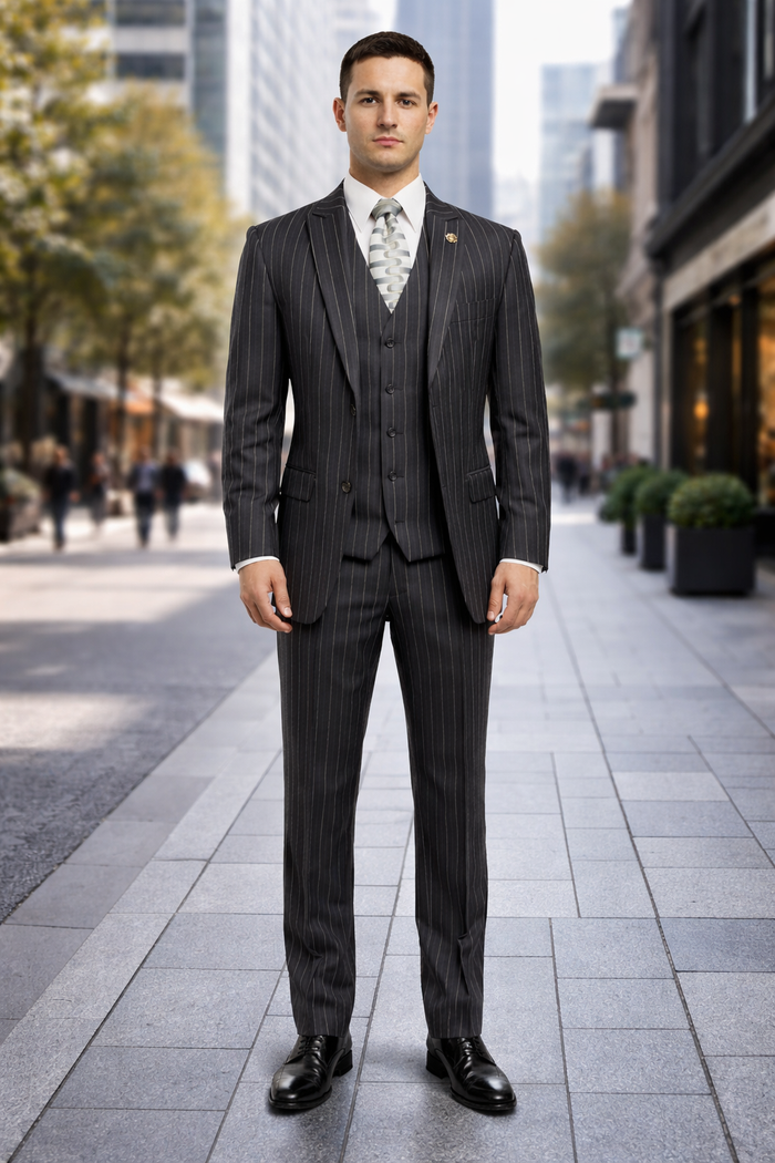 Gangster Suit - Mobster Suit - Mafia Suit For Mens 2 Button Gangster Pinstripe Suit in Black
