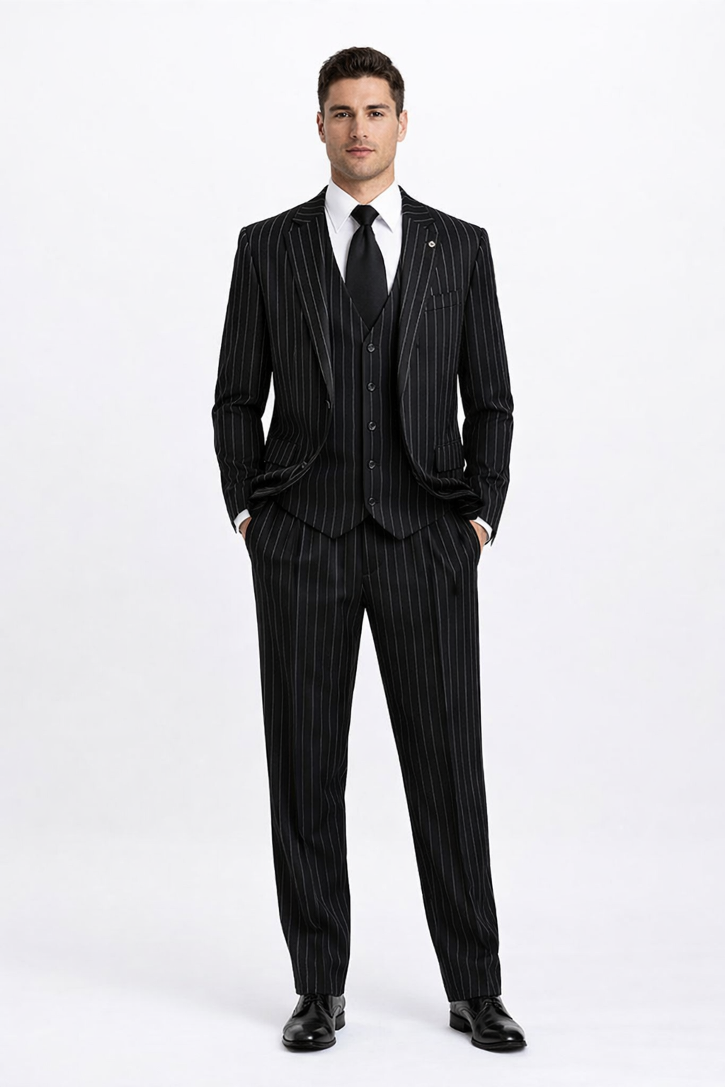 Gangster Suit - Mobster Suit - Mafia Suit For Mens 2 Button Gangster Pinstripe Suit in Black