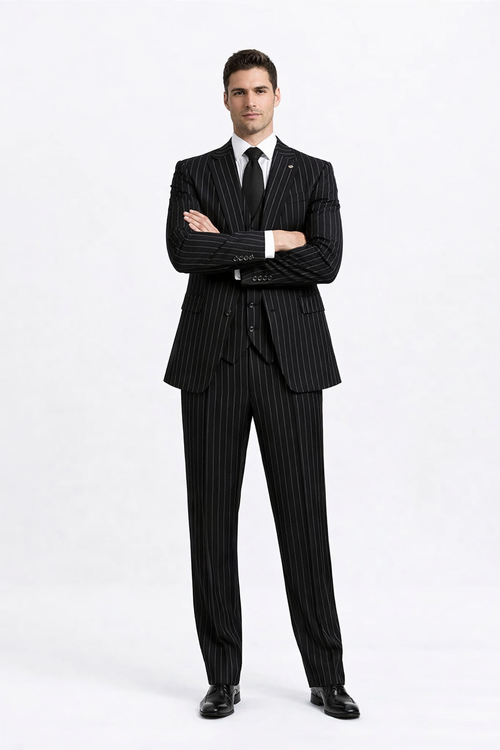 Gangster Suit - Mobster Suit - Mafia Suit For Mens 2 Button Gangster Pinstripe Suit in Black