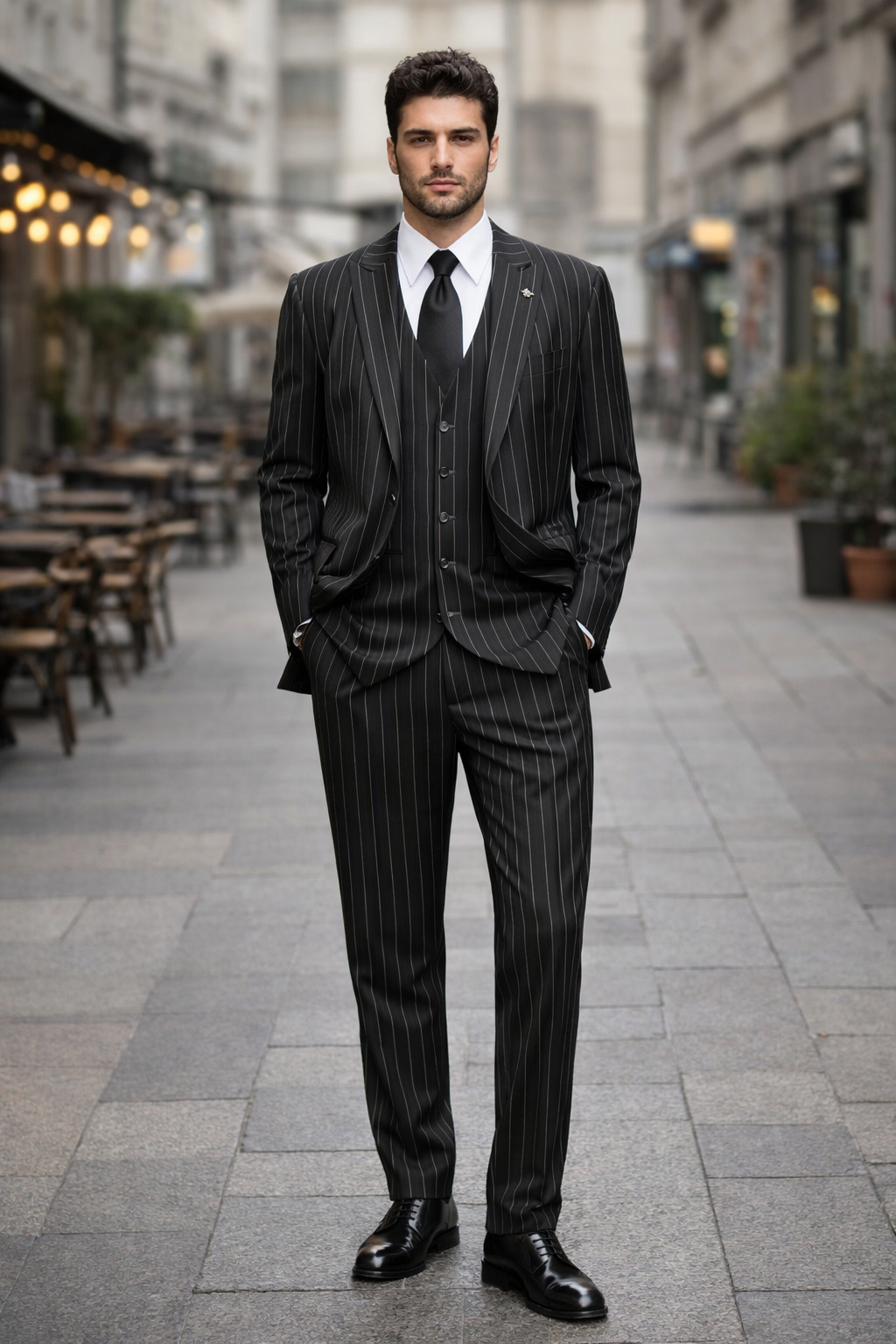 Gangster Suit - Mobster Suit - Mafia Suit For Mens 2 Button Gangster Pinstripe Suit in Black