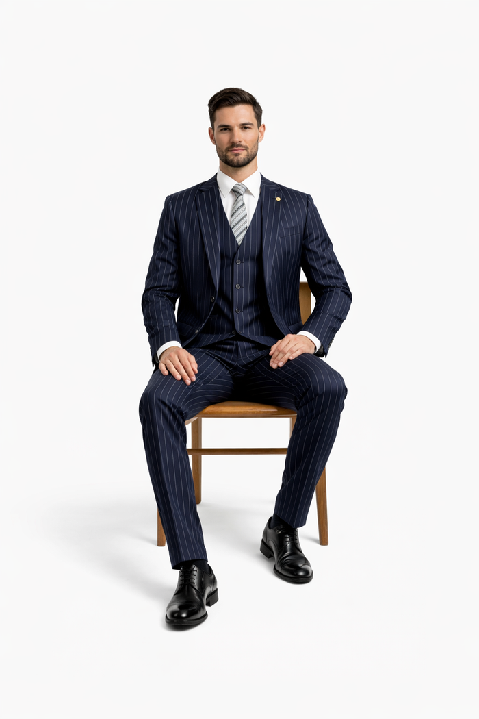 Gangster Suit - Mobster Suit - Mafia Suit For Mens 2 Button Gangster Pinstripe Suit in Navy