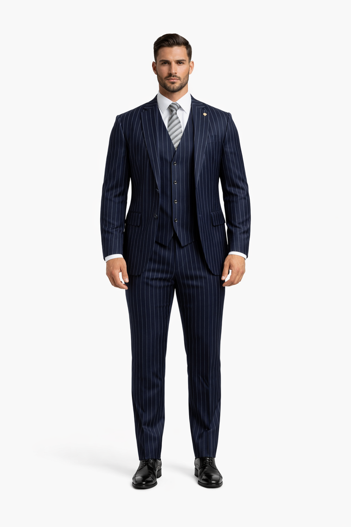 Gangster Suit - Mobster Suit - Mafia Suit For Mens 2 Button Gangster Pinstripe Suit in Navy