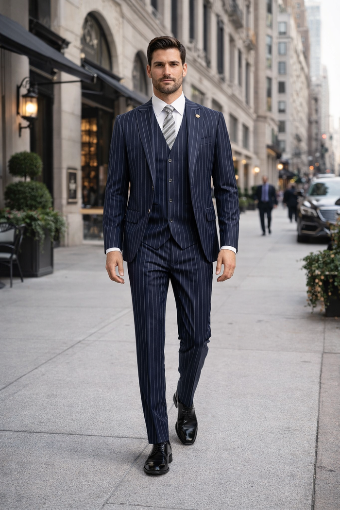 Gangster Suit - Mobster Suit - Mafia Suit For Mens 2 Button Gangster Pinstripe Suit in Navy
